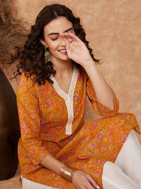 Thumbnail for InWeave Women's Fire Yellow Print V Neck Lace Work Straight Kurta - Distacart
