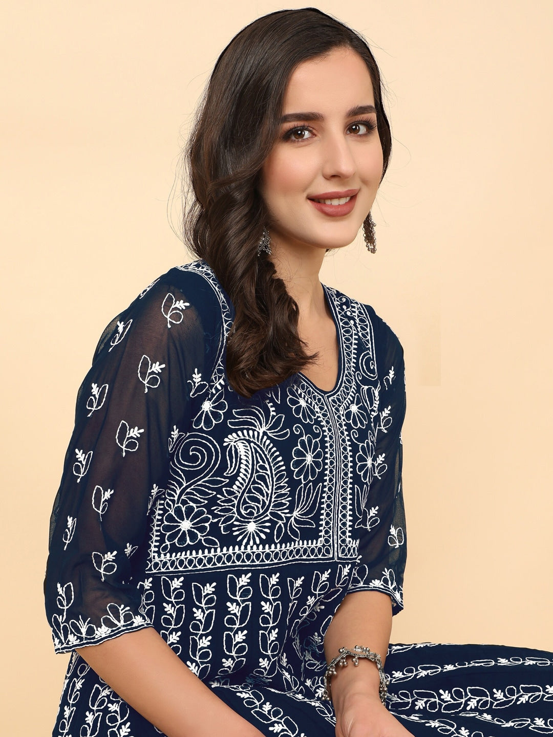 HERE&NOW Women Chikankari Embroidered Thread Work Georgette Anarkali Kurta - Distacart
