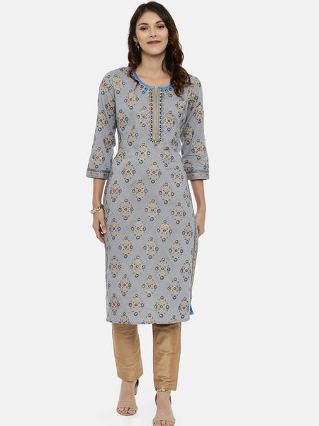 Souchii Grey & Gold Printed Straight Kurta - Distacart