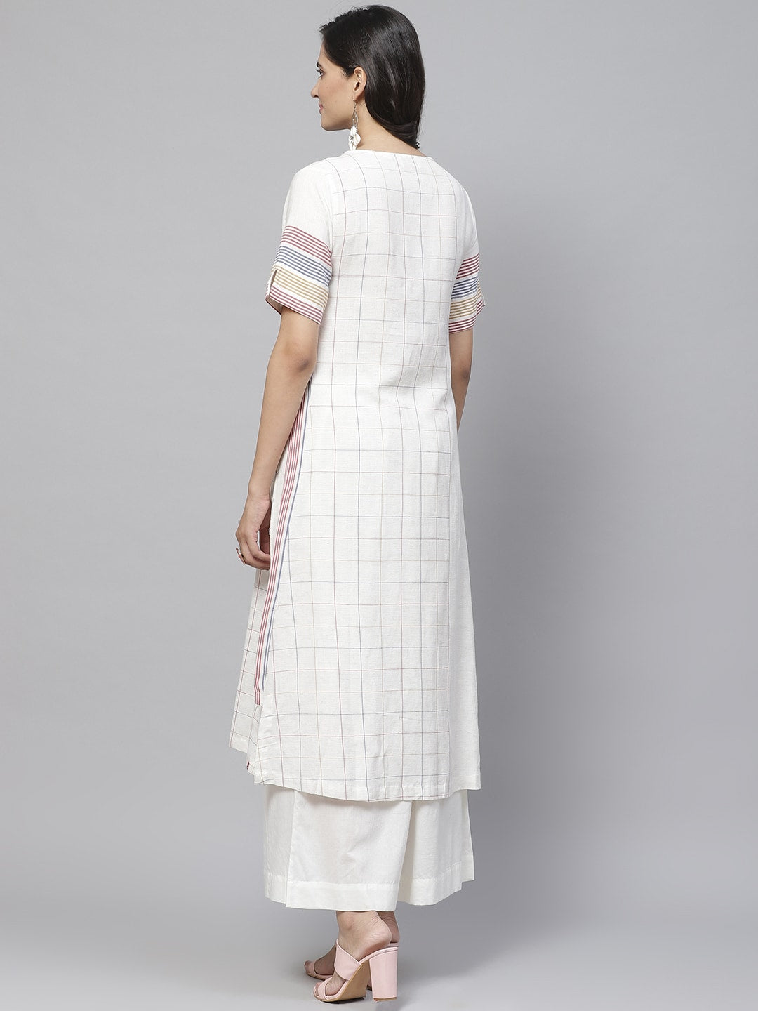 Biba Women Off-White & Blue Checked Layered Kurta with Palazzos - Distacart