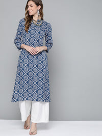 Thumbnail for HERE&NOW Women Blue & White Geometric Printed Kurta - Distacart