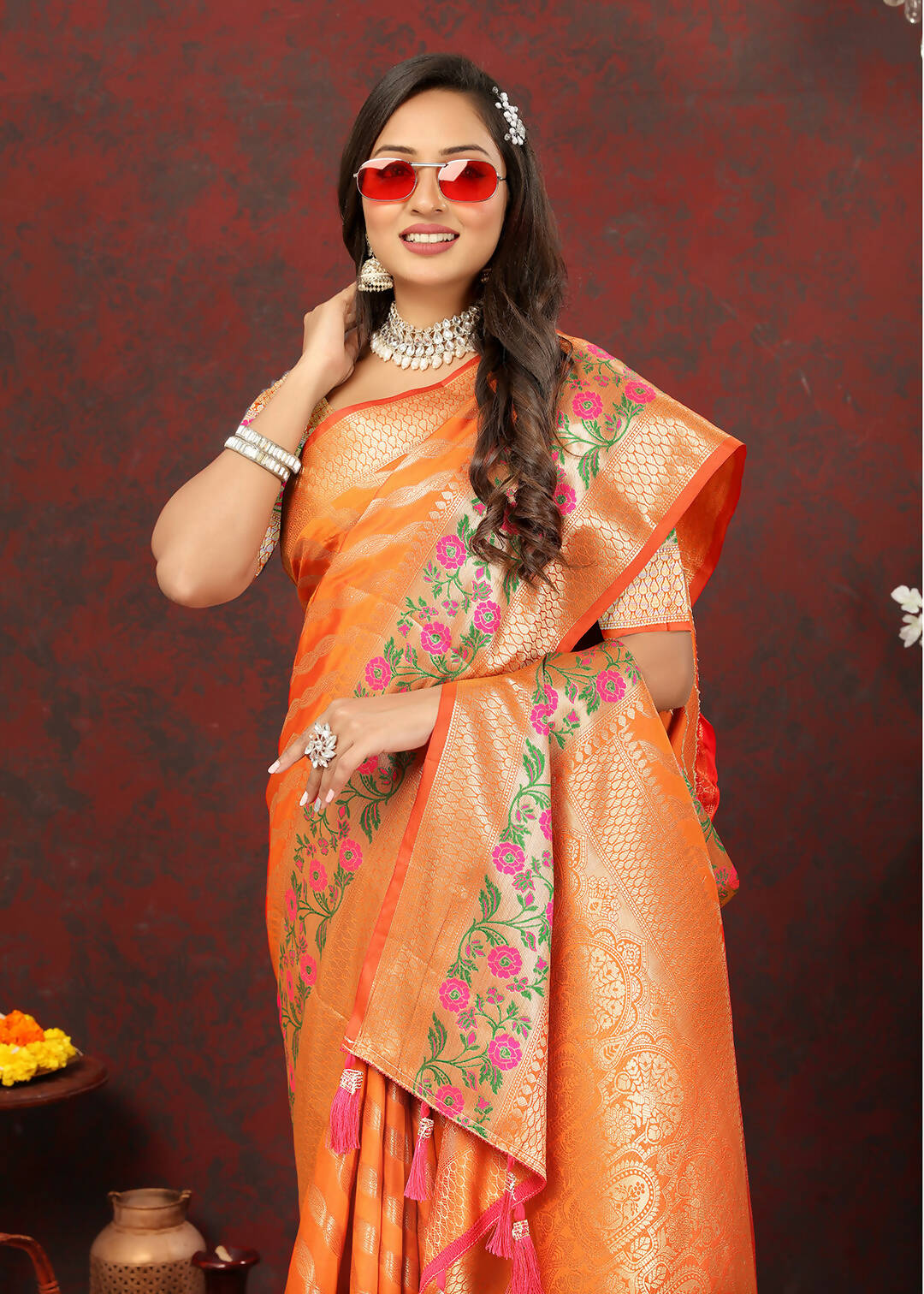 Lorenvalley Fashion Orange Soft Silk Woven Design with Zari Weaving Leheriya Design Saree - Distacart