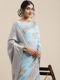 Thumbnail for Saree Mall Turquoise Blue Floral Linen Blend Banarasi Saree - Distacart