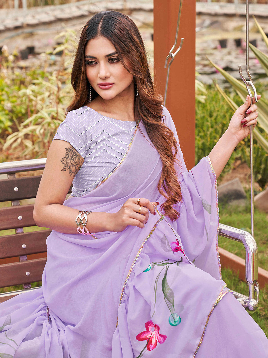 Tikhi Imli Printed Ruffle Saree With Mirror Embroidered Work Blouse - Distacart