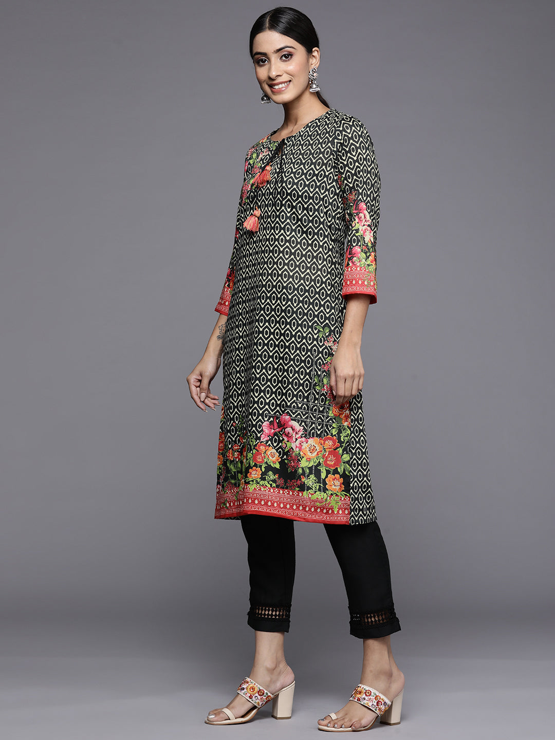 Biba Women Black Printed Kurta with Trousers & With Dupatta - Distacart