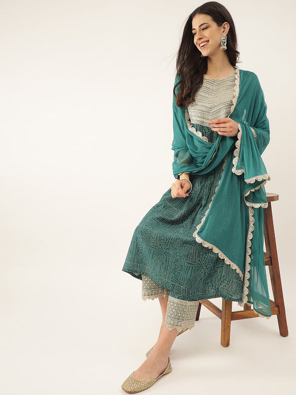 Khushal K Ethnic Motifs Printed Sequinned A-Line Kurta With Palazzos & Dupatta - Distacart