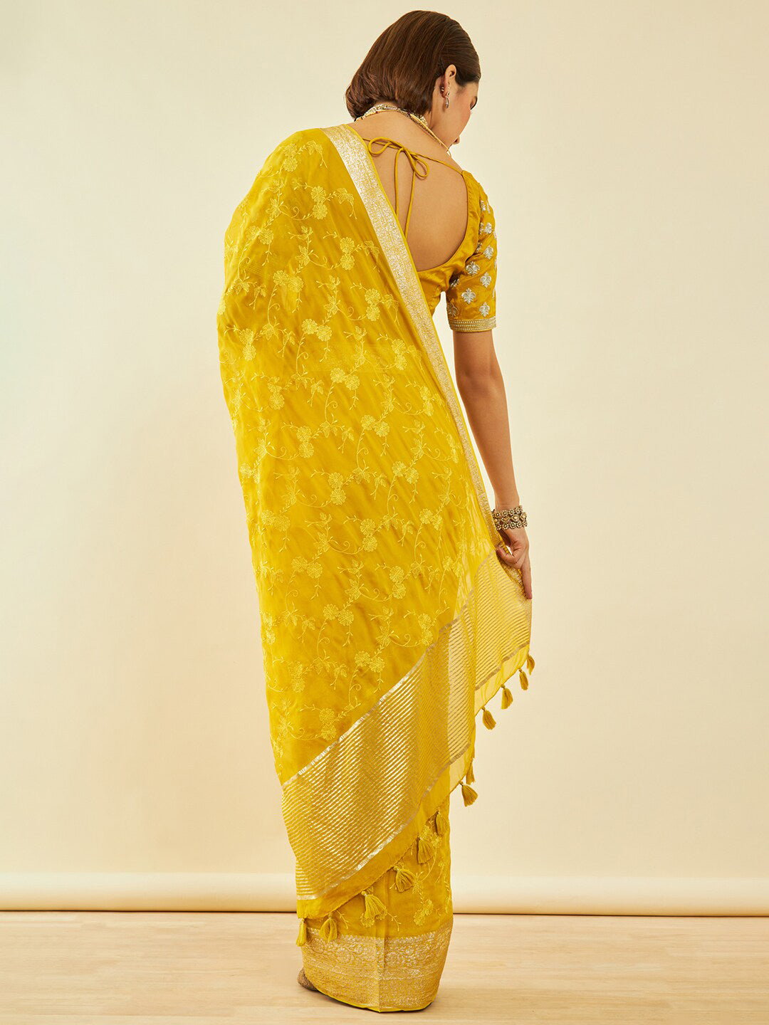 Soch Yellow & Gold-Toned Floral Embroidered Zari Organza Saree - Distacart
