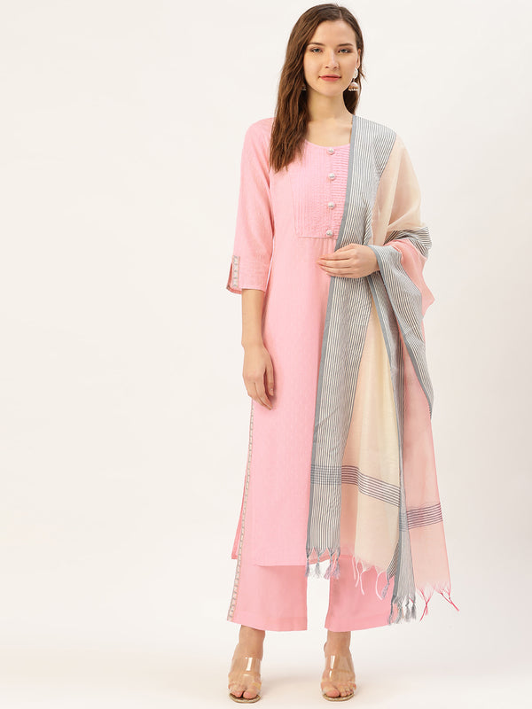 Jaipur Kurti Women Pink & Grey Dobby Weave Kurta with Palazzos & Dupatta - Distacart