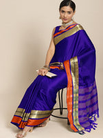 Thumbnail for Saree Mall Blue & Copper-Toned Zari Silk Blend Uppada Sarees - Distacart