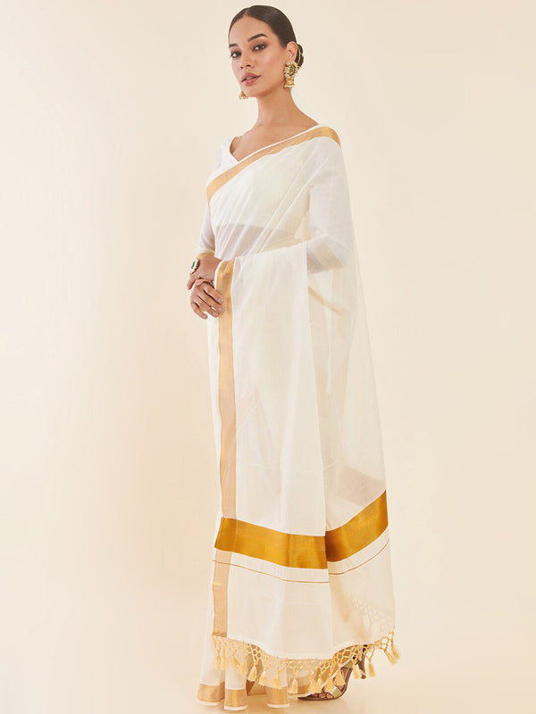 Soch Off-White & Gold Zari Pure Cotton Kasavu Saree - Distacart