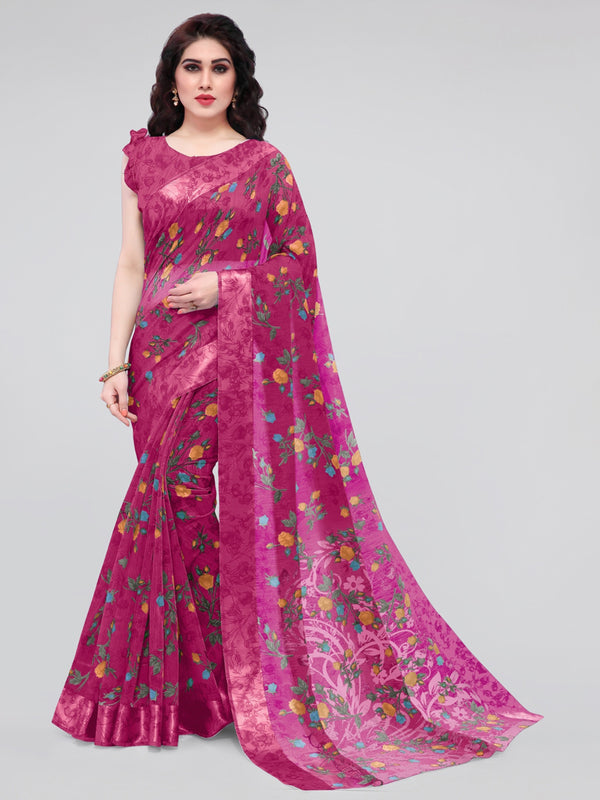 Kalini Pink & Yellow Floral Bagh Saree - Distacart