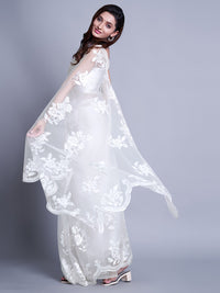 Thumbnail for Mitera White Ethnic Motifs Embroidered Net Saree - Distacart