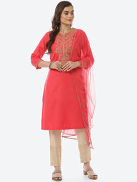 Thumbnail for Biba Women Fuchsia Yoke Design Pure Cotton Kurta with Trousers & With Dupatta - Distacart