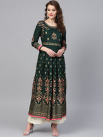 Thumbnail for Ishin Women Green & Golden Printed A-Line Kurta - Distacart