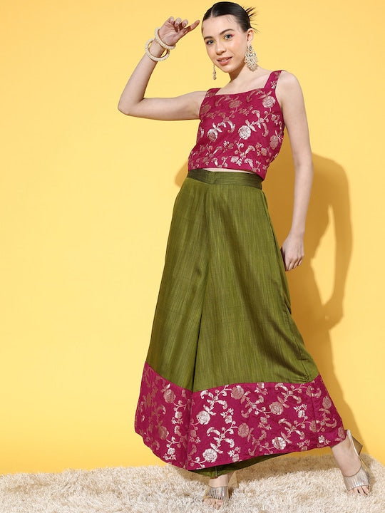 InWeave Women's Pink Brocade Strappy Top W Olive Pink Brocade Palazzo Set - Distacart