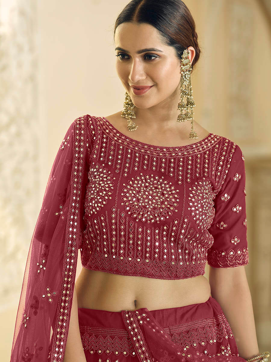Myra Maroon Soft Net Embroidered Lehenga - Distacart