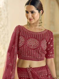 Thumbnail for Myra Maroon Soft Net Embroidered Lehenga - Distacart