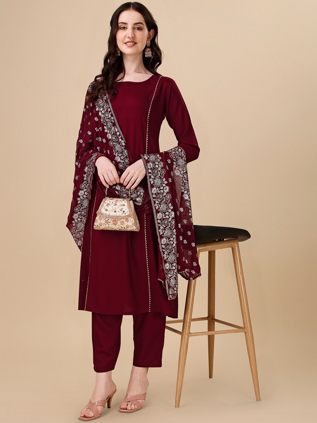 HERE&NOW Maroon & White Gotta Patti Kurta with Trousers & Dupatta - Distacart