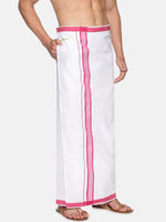 Thumbnail for Sethukrishna White & Pink Solid Cotton Dhoti For Men - Distacart
