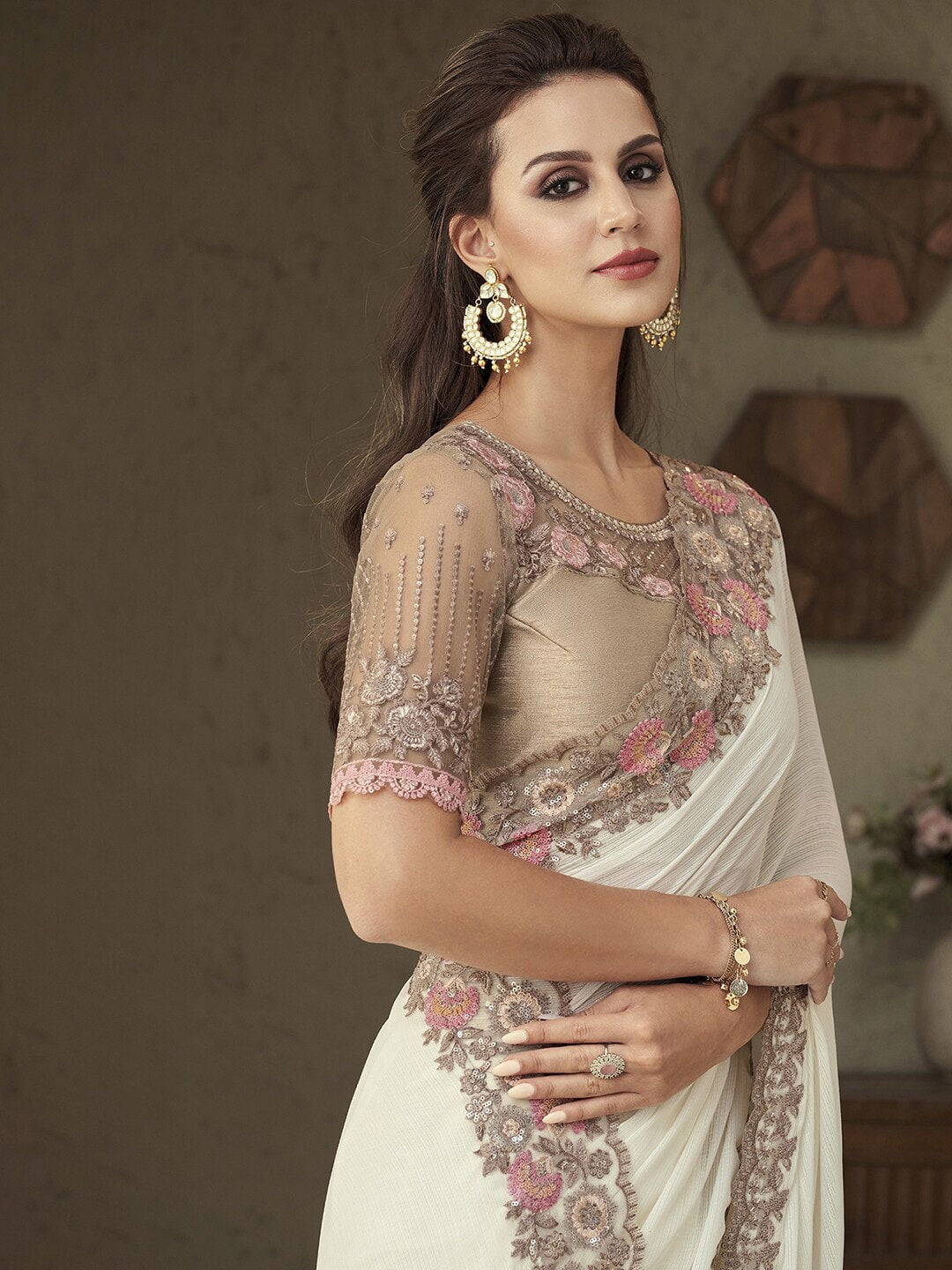 Mitera White & Pink Sequinned Pure Georgette Saree - Distacart