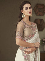 Thumbnail for Mitera White & Pink Sequinned Pure Georgette Saree - Distacart