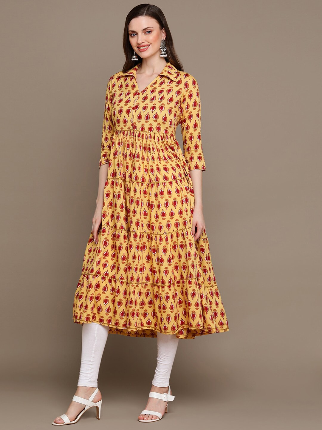 HERE&NOW Ethnic Motifs Printed Shirt Collar Pure Cotton Anarkali Kurta - Distacart