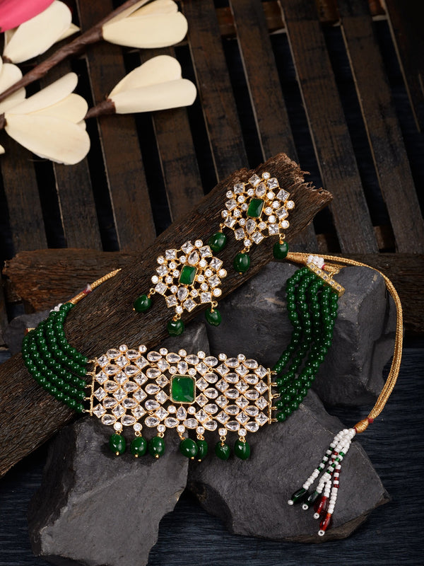 Saraf RS Jewellery Gold-Plated White & Green American Diamond Studded Choker Jewellery Set - Distacart