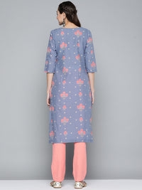 Thumbnail for HERE&NOW Women Lavender & Pink Printed Pure Cotton Straight Kurta - Distacart