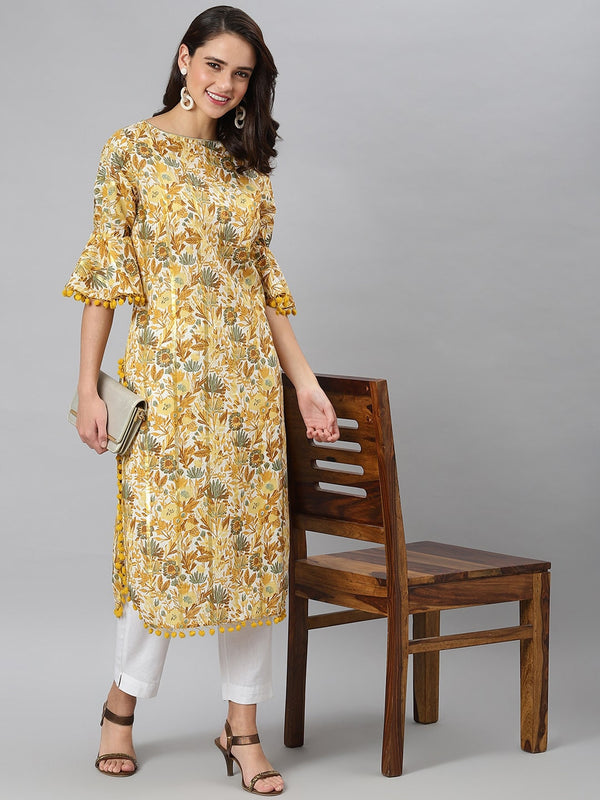 Khushal K Women Yellow Floral Printed Flared Sleeves Kurta - Distacart