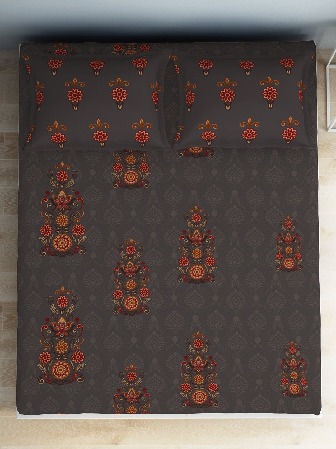 SPACES Aurum Grey Ethnic Motifs Pure Cotton 140 TC Queen Bedsheet with 2 Pillow Covers - Distacart