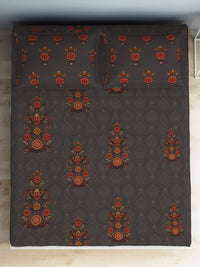 Thumbnail for SPACES Aurum Grey Ethnic Motifs Pure Cotton 140 TC Queen Bedsheet with 2 Pillow Covers - Distacart