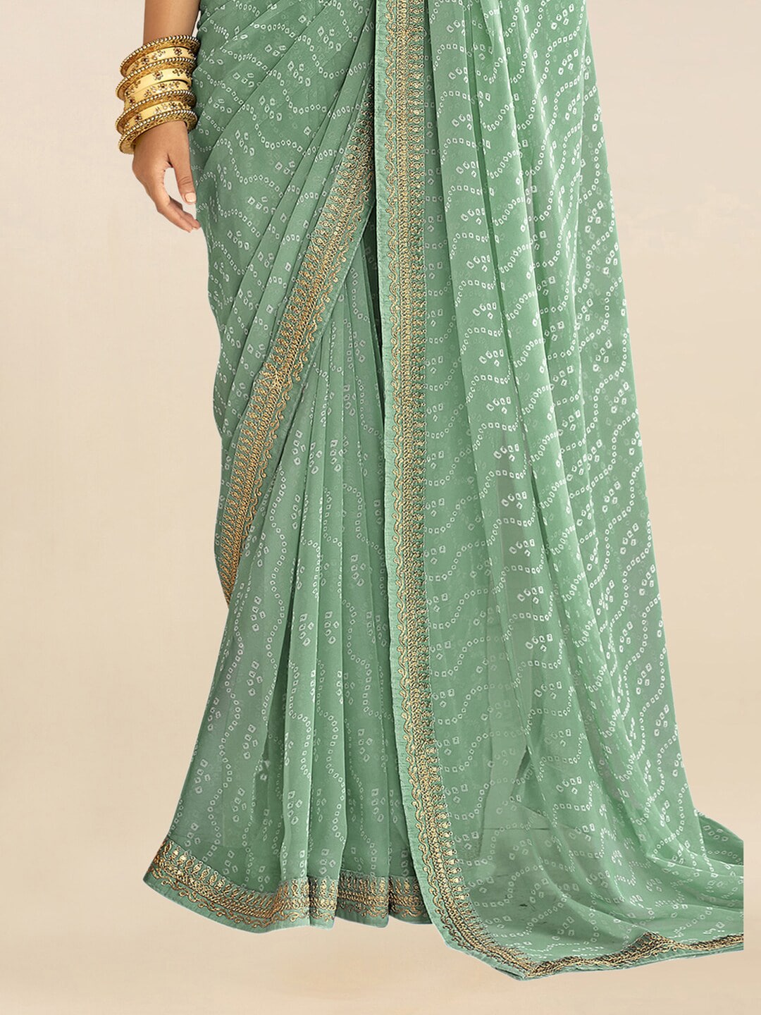 Mitera Sea Green & White Embroidered Pure Georgette Bandhani Saree - Distacart