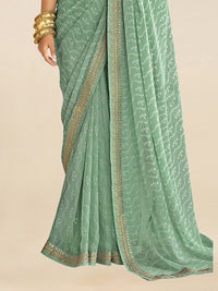 Thumbnail for Mitera Sea Green & White Embroidered Pure Georgette Bandhani Saree - Distacart