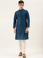 Thumbnail for Manyavar Men Blue & White Self Design Kurta with Churidar - Distacart