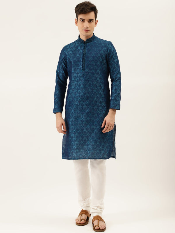Manyavar Men Blue & White Self Design Kurta with Churidar - Distacart
