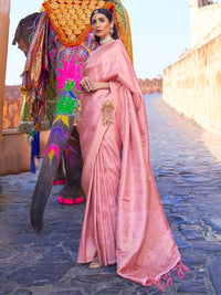 Thumbnail for Mitera Pink & Gold-Toned Ethnic Motifs Zari Silk Blend Banarasi Saree - Distacart