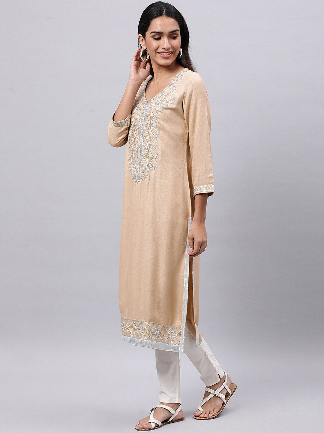 Souchii Beige & shifting sand Thread Work Grandeur & Majestic Artwork Kurta - Distacart