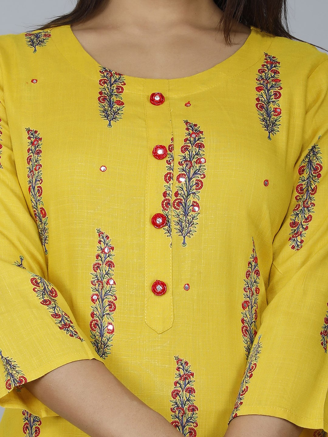 HERE&NOW Women Mustard Yellow Floral Mirror Work Floral Kurta - Distacart