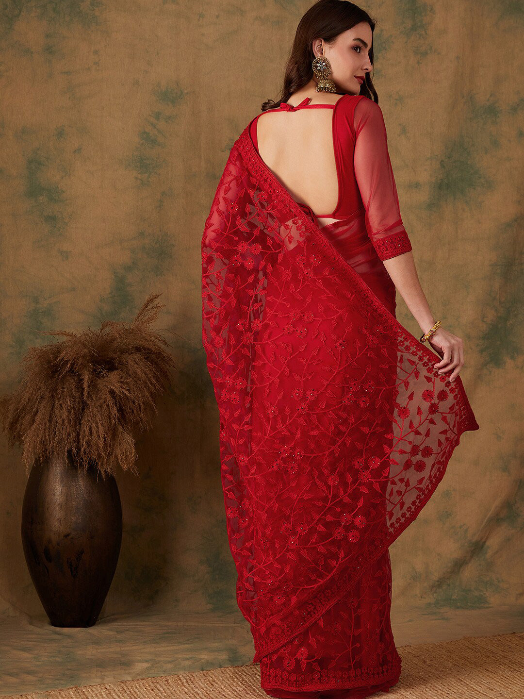 Sangria Embroidered Net Sarees - Distacart