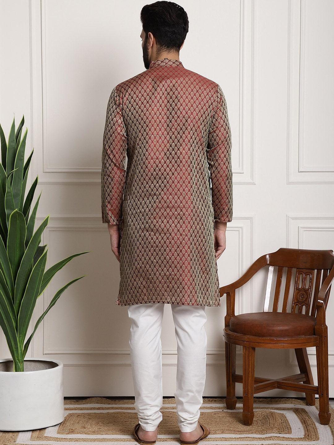 Sojanya Men Maroon & Off-White Woven Design Kurta with Churidar - Distacart