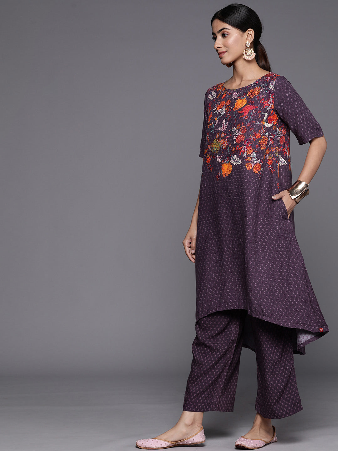 Biba Ethnic Motifs Printed High-Low Hem Kurta with Palazzos - Distacart