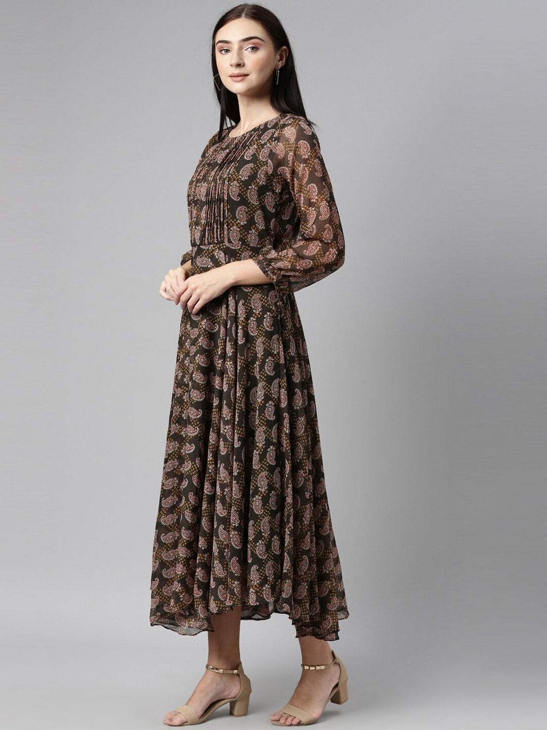Souchii Olive Green & Red Ethnic Motifs Printed Chiffon A-Line Maxi Dress - Distacart