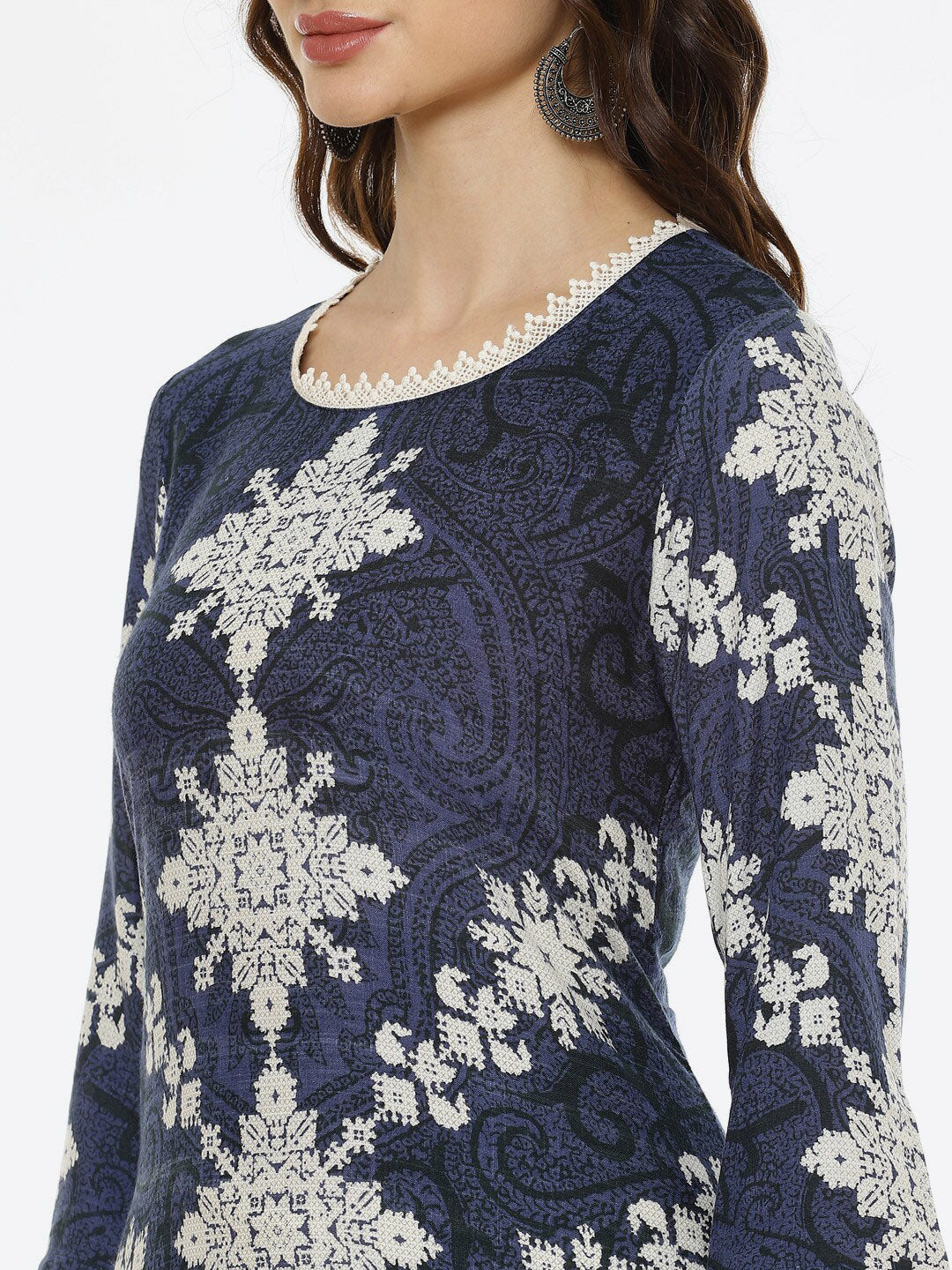 Biba Women Navy Blue & White Ethnic Motifs Printed Kurta - Distacart
