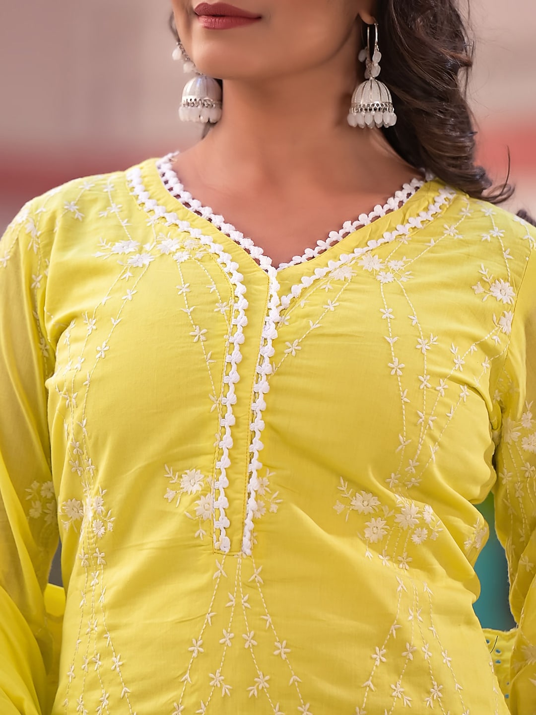 Sangria Yellow Embroidered Pure Cotton Straight Kurta With Trouser & Dupatta - Distacart