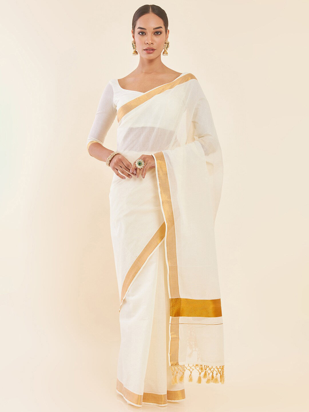Soch Off-White & Gold Zari Pure Cotton Kasavu Saree - Distacart