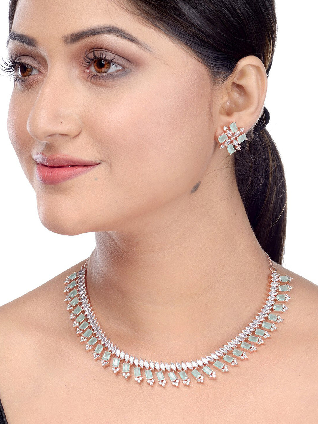 Saraf RS Jewellery Sea Green & Rose Gold-Plated American Diamond Studded Jewellery Set - Distacart
