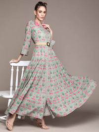 Thumbnail for Ritu Kumar Grey & Green Floral Ethnic Maxi Dress - Distacart