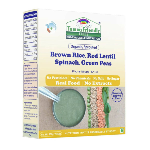 TummyFriendly Foods Certified Organic Sprouted Brown Rice, Red Lentil, Spinach, Green Peas Porridge Mix - Distacart