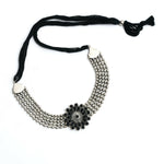 Thumbnail for Mominos Fashion Johar Kamal Oxidised Silver-Plated Brass Finish Kundan Choker For Women (Black) - Distacart