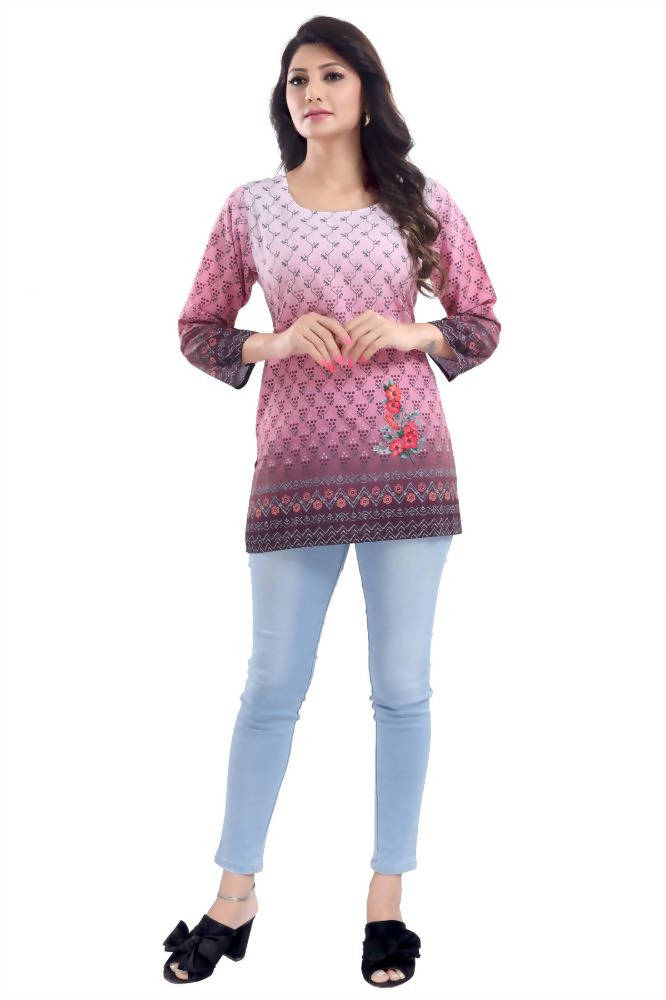 Snehal Creations Dark Pink Faux Crepe Short Kurti Tunic Top